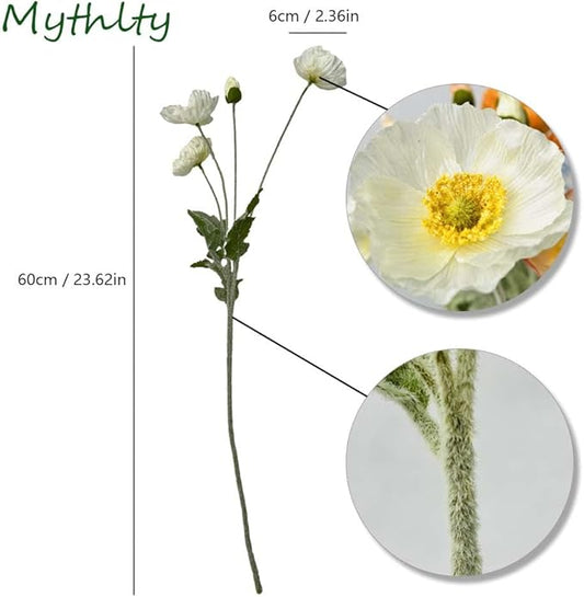 Set of 6 White Poppies Flowers Artificial for Vase, Faux Wildflowers with Long Stems, Silk Flowers Arrangement for Wedding Party Farmhouse Home Office Indoor Kitchen Dining Table Decoration