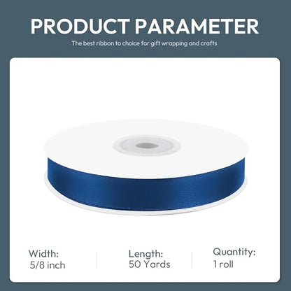 KMER LIFE 5/8" Wide x 50 Yards Navy Blue Polyester Satin Ribbon - Perfect for Wedding Decor, Wreath, Crafts, Gift Wrapping & Other Projects