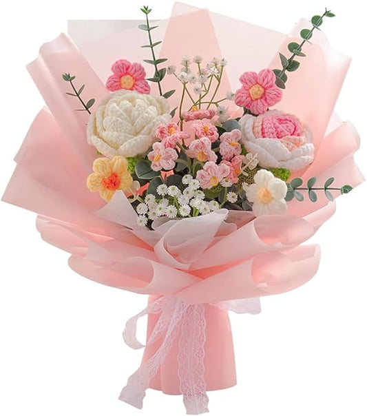 Handmade Crochet Rose Flower Bouquet: Artificial Knitted Rose Gift for Wife Mother Girlfriend for Festival Wedding Graduation Anniversary (Pink)