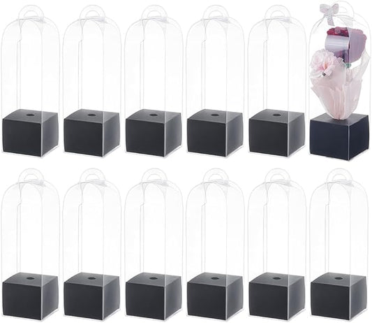 BENECREAT 12Pcs Single Rose Flower Box Empty Bag, Clear Flower Packing Boxes Flower Gift Boxes for Graduation Wedding Birthday Floral Gift Floral Arrangement Supply, Black