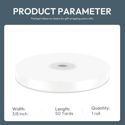KMER LIFE 3/8" Wide x 50 Yards White Single Faced Polyester Satin Ribbon - Perfect for Wedding Decor, Wreaths, Crafts, Gift Wrapping & Other Projects