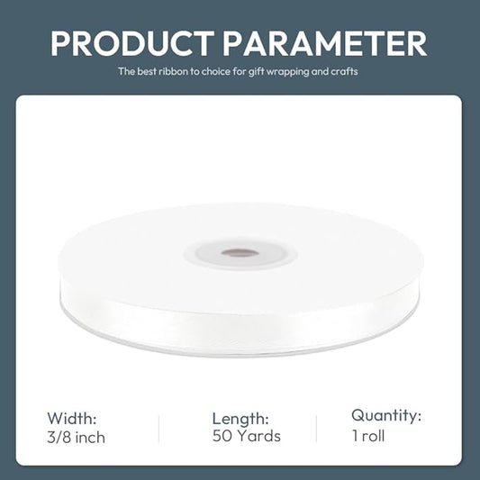 KMER LIFE 3/8" Wide x 50 Yards White Single Faced Polyester Satin Ribbon - Perfect for Wedding Decor, Wreaths, Crafts, Gift Wrapping & Other Projects