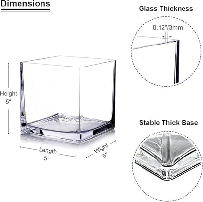 Enova Floral Set of 4 Cube Glass Vase, 5x5X5 Inch Glass Flower Vase Planter, Floating Candle Holders, Clear Square Glass Vases, Table Decorative Vase for Wedding Centerpieces, Home Office Décor