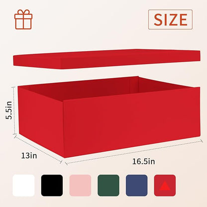 YINUOYOUJIA Large Gift Boxes with Lids 16.5x13x5.5 inches,Boxes for Christmas Presents,Contains Card,2 Roll Ribbons,Shredded Paper Filler.（Red