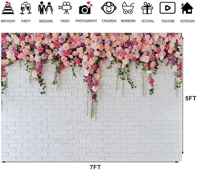 7x5ft White Brick Wall Floral Backdrop with Hanging Flowers – Spring Garden Photo Backdrop for Bridal Shower, Baby Shower, Birthday Party, Wedding Photography Decoration 134
