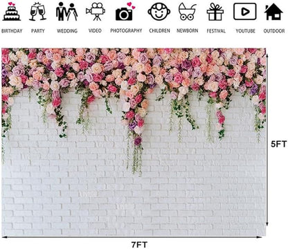 7x5ft White Brick Wall Floral Backdrop with Hanging Flowers – Spring Garden Photo Backdrop for Bridal Shower, Baby Shower, Birthday Party, Wedding Photography Decoration 134