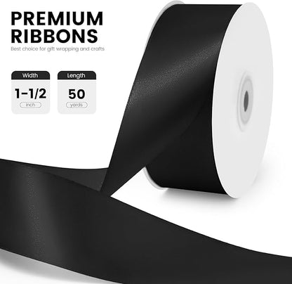 1-1/2" x 50 Yards Satin Ribbon - Black Silk Ribbon with Spool - Ideal for Gift Wrapping, Floral Bouquets, Crafts, Wedding Party Decorations, Christmas and Sewing Projects