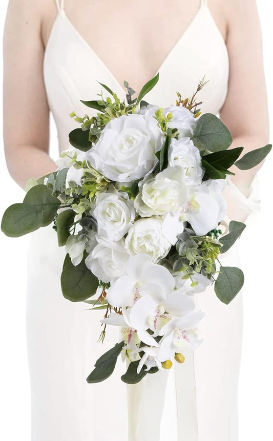 Artificial Bridal Bouquet, 11 Inch White Artificial Wedding Bouquets for Bride Bridal Bouquet Bridesmaid Bouquet Tossing Bouquet for Wedding Ceremony and Anniversary(White)