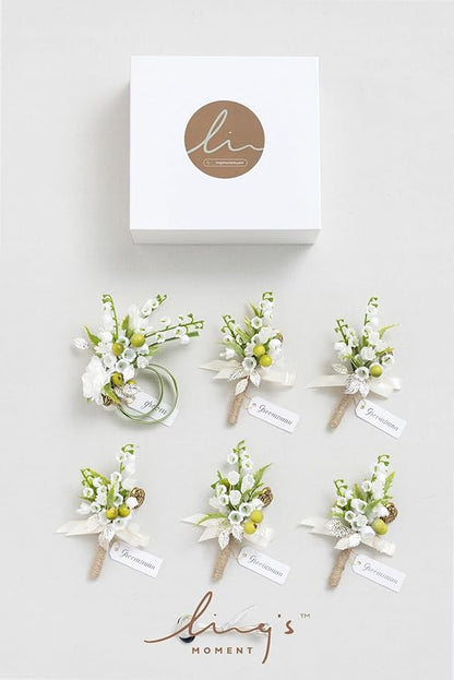 Ling's moment Boutonniere for Men, 6pcs Groom Groomsmen Boutonniere, Artificial Flowers for Wedding Decor/Prom/Homecoming, etc.White Lily & Olive