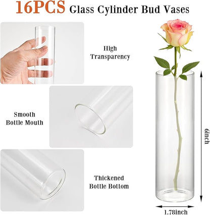16 Pack 5.9" Tall x 1.8" Diameter Clear Glass Cylinder Vases - Multi-Use Flower Vase, Hurricane & Floating Candle Holders for Wedding Centerpieces, Home Decor, Table Displays
