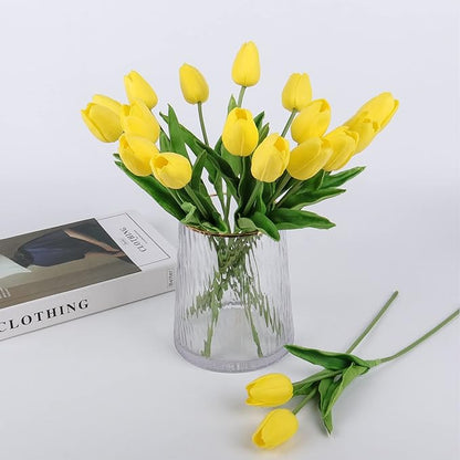 Beferr Tulips Artificial Flowers 18Pcs Faux Tulip Real Touch Tulip Fake Flowers Bouquets Arrangements for Mothers Day Spring Easter Home Wedding Table Decor Yellow