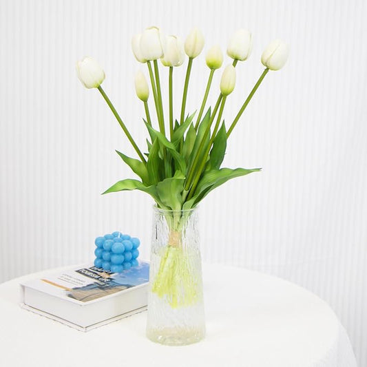 10 Pack Real Touch Tulips Artificial Flowers, 15.7 Inch Bendable Latex Tulips - No Maintenance Faux Flowers for Vase, Home Decor, Wedding Centerpiece (White)