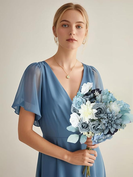 Multi Use Dusty Blue White Artificial Flowers Combo for DIY Centerpieces Arrangements Wedding Bridal Bouquet Table Chair Decor Candle Holder Baby Shower Cake Decor Flower Strips Home Décor