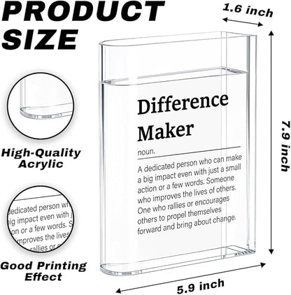 Difference Maker Bosses Day Gifts for Women Men Funny Office Decor for Women Wooden Acrylic Book Flower Vase National Boss Day Decorations Gifts for Leader HR Men Manager Office Bookshelf Desk Decor