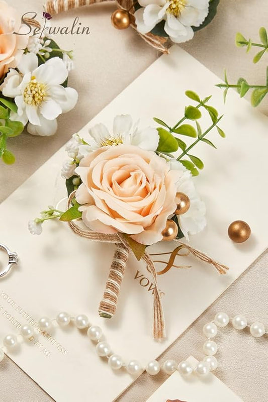 Serwalin 6PCS Champagne Rose Boutonniere for Men Wedding Groom Groomsmen Best Man Boutonniere for Wedding Ceremony Anniversary Prom Flowers Formal Dinner Party
