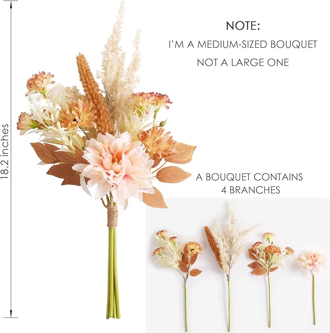 Fake Flower Bouquet, Faux Flower Arrangement for Decorating Kitchens, Bedrooms, Bathrooms, Realistic Artificial Flowers Made of Silk & Plastic, Floral Decoration with Dahlia & Small Blossoms
