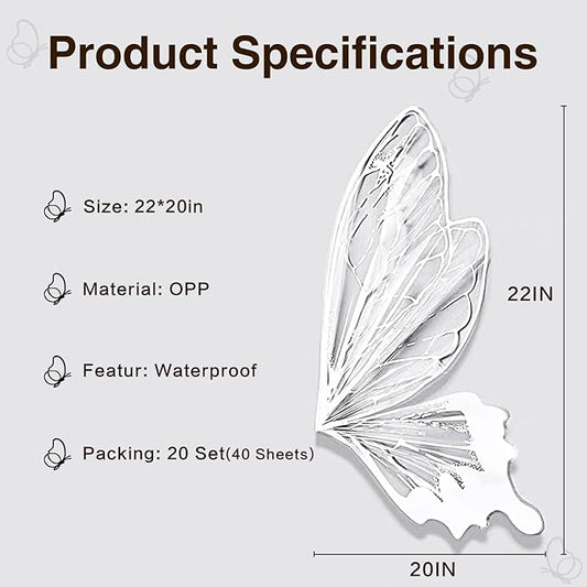 LLBWKC 20 Sets Butterfly Flower Wrapping Paper, Waterproof Butterfly Flower Bouquet Wrapping Paper, OPP Clear Floral Wraps for Florist Supplies, Gift Packaging, DIY Craft 20x22 in (White Butterfly)
