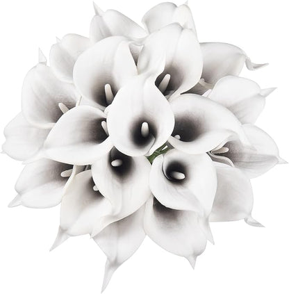 DuHouse 20Pcs Artificial Calla Lily Flower Real Touch Latex Flowers for DIY Wedding Bouquet Party Home Decor (Black White)