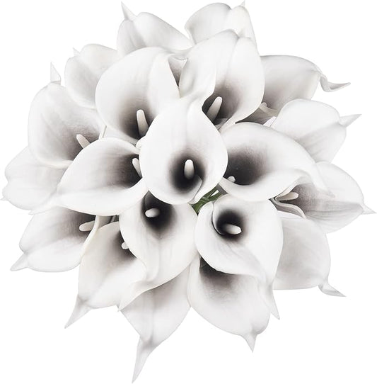 DuHouse 20Pcs Artificial Calla Lily Flower Real Touch Latex Flowers for DIY Wedding Bouquet Party Home Decor (Black White)