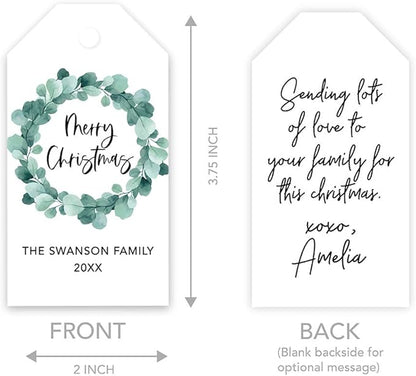 Andaz Press Personalized Christmas Holiday Season Classic Gift Tags, Merry Christmas Custom Family Name and Year, Eucalyptus Wreath Design, for Holiday Events, Parties, and Favors, 60-Pack