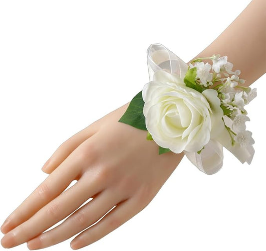 Meldel 6 Pcs Ivory White Rose Wrist Corsage for Wedding, Bride Bridesmaids Corsages, Pearls Bracelet Wrist Flower for Prom Homecoming Party, Wrist Corsage for Mother of Bride and Groom Wedding Decor