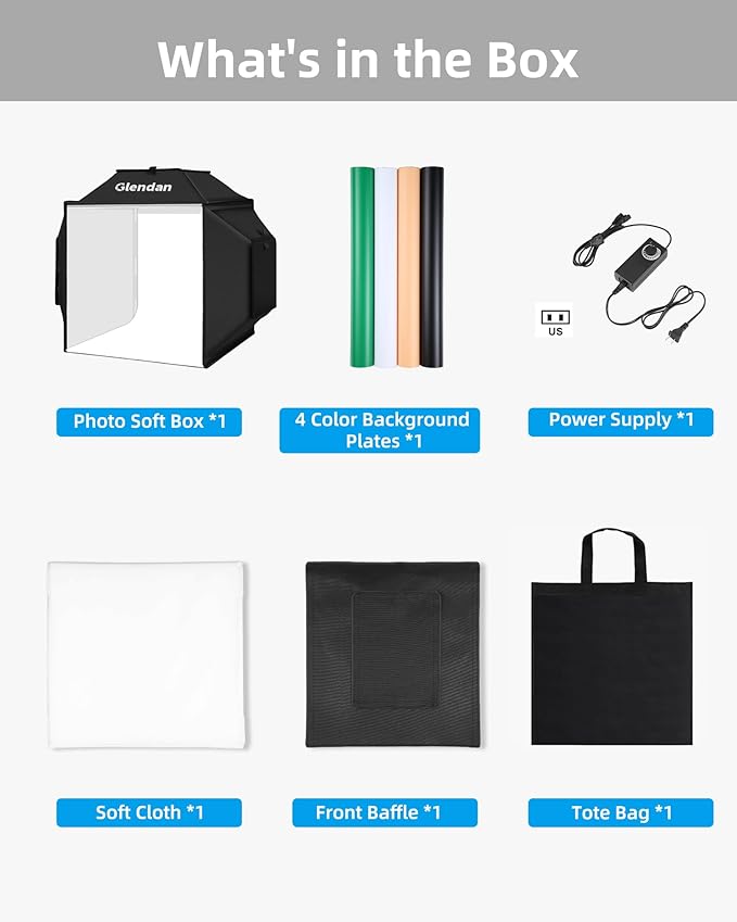 Glendan Light Box for Photography: 16"x16" Portable Photo Studio Soft Box with 480 LED Light - Photo Booth Box with 4 Color Backdrops for Jewelry Product Photography
