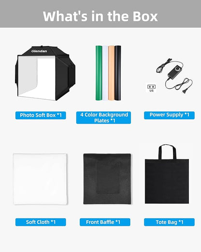 Glendan Light Box for Photography: 16"x16" Portable Photo Studio Soft Box with 480 LED Light - Photo Booth Box with 4 Color Backdrops for Jewelry Product Photography