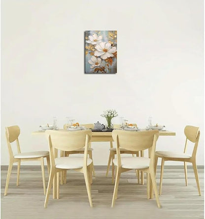 Abstract White Flower Painting Canvas Wall Art With Gold Leaf Canvas Framed Art Wall Decor White Elegant Flower Modern Print Wall Art for Living Room Bedroom Home Decoration 16x24 inch