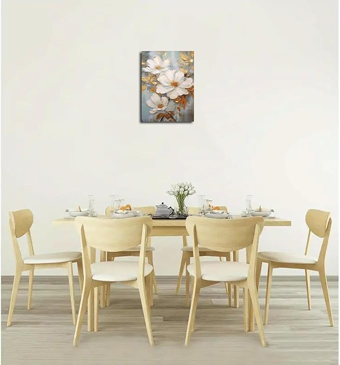Abstract White Flower Painting Canvas Wall Art With Gold Leaf Canvas Framed Art Wall Decor White Elegant Flower Modern Print Wall Art for Living Room Bedroom Home Decoration 12x16 inch
