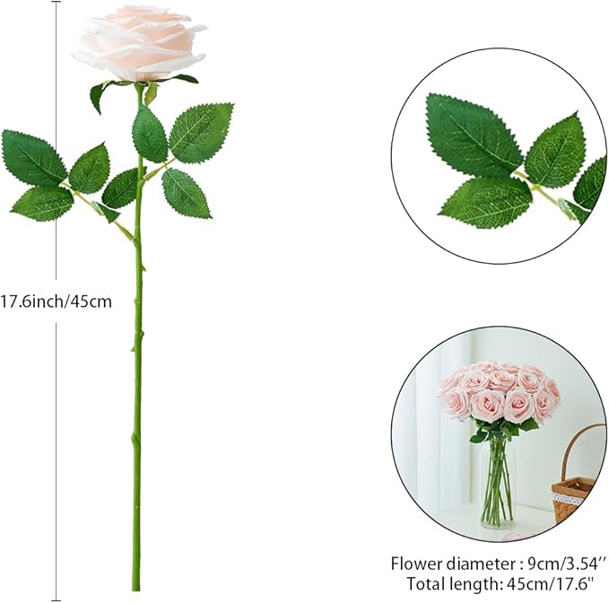 15pcs Blush Roses Artificial Flowers Silk Fake Flowers Realistic Pink Roses Bouquet Long Stemink for Wedding Home Party Birthday Decoration