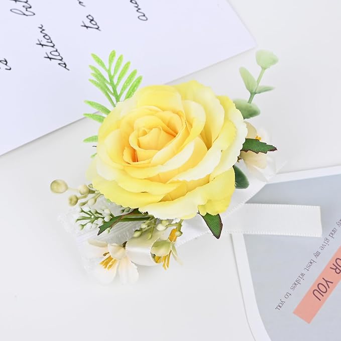 MAFELOE 2 Pieces Artificial Flower Wrist Corsage and Boutonniere Set, Groom Groomsmen Bride Bridesmaids Wedding Accessories Prom Party Suit Decorations - Yellow