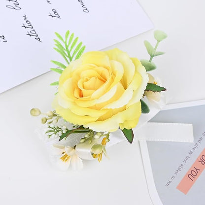 MAFELOE 2 Pieces Artificial Flower Wrist Corsage and Boutonniere Set, Groom Groomsmen Bride Bridesmaids Wedding Accessories Prom Party Suit Decorations - Yellow