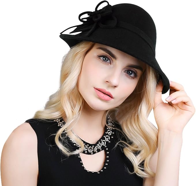 Bellady Women's Elegant Flower Wool Cloche Bucket Bowler Hat