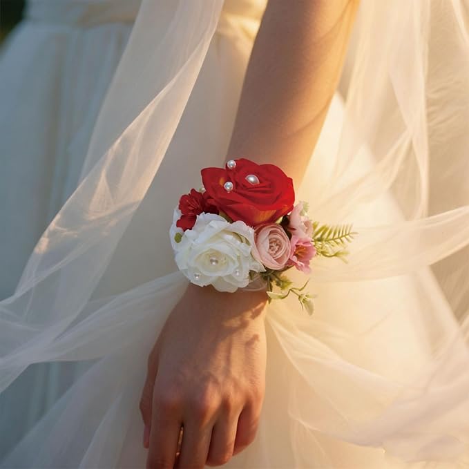 Red White Rose Wrist Corsage, Pack of 2 PCS Wedding Bridal Wrist Flower Corsage Hand Flower Artificial Silk Rose Decor for Prom Party Wedding (Red-White, 2pcs).