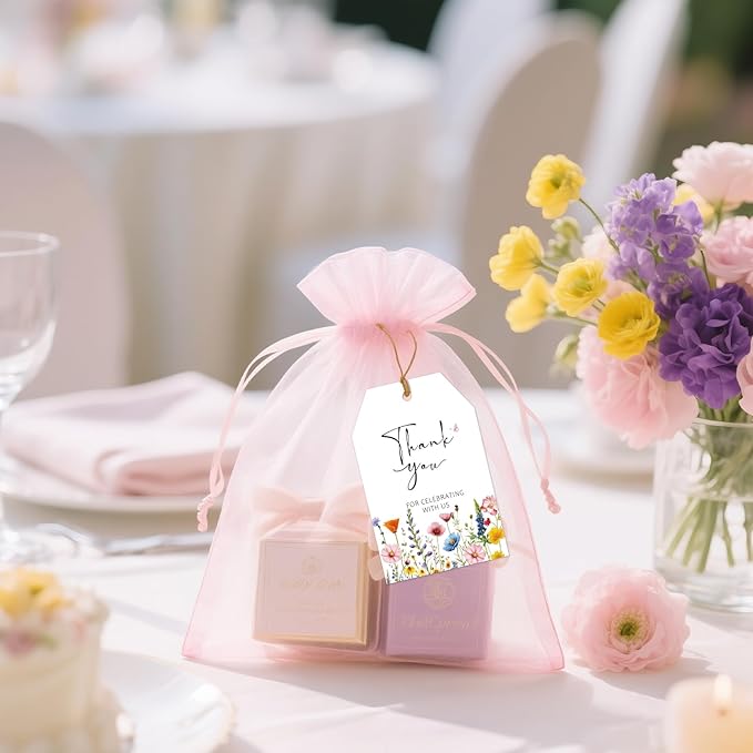 G2PLUS 50Pcs Wildflower Thank You Tags - Floral Gift Tags with String, Thank You for Celebrating with Us Tag, White Paper Party Favors Hangtag for Wedding, Baby Shower, Bridal Shower, Birthday