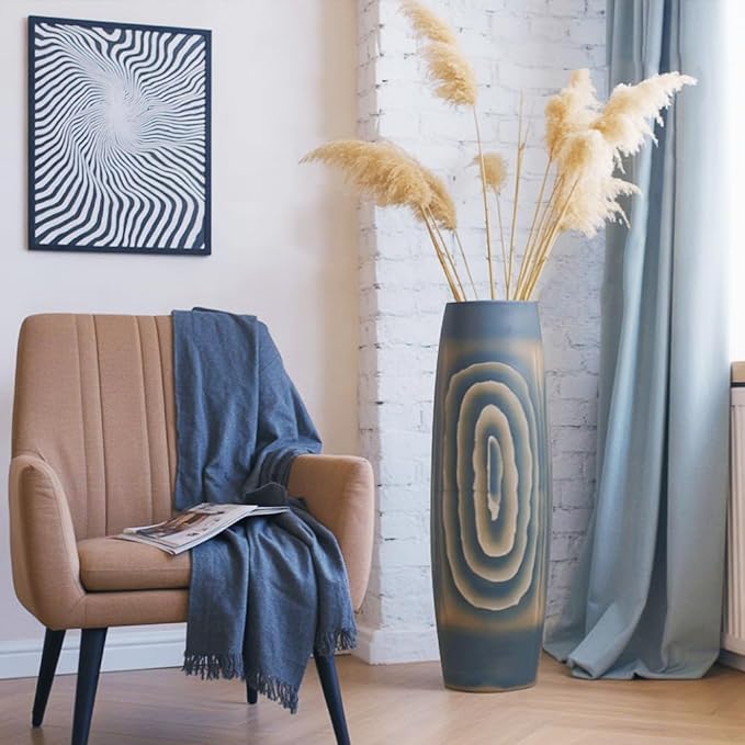 Tall Blue Floor Vase 31 inches, Handmade Large Ceramic Vases for Home Decor Living Room, Imitation Wood Grain Decorative Vases Wide Mouth Opening Corner Vase for Pampas Grass