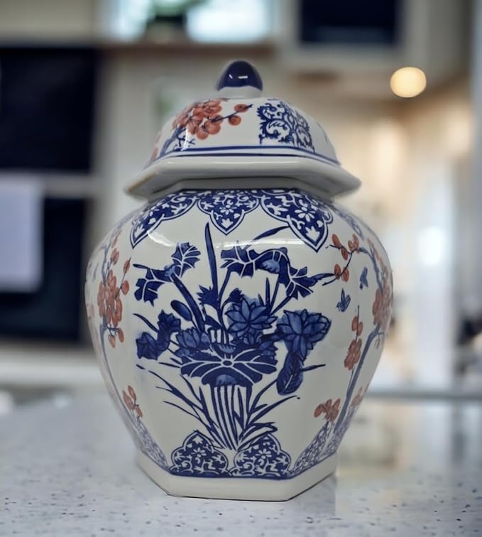 Festcool Blue and White Porcelain Ceramic Covered Floral Jar Vase, Food Container Storage Lotus Plum Blossoms,(J23), 12 inch