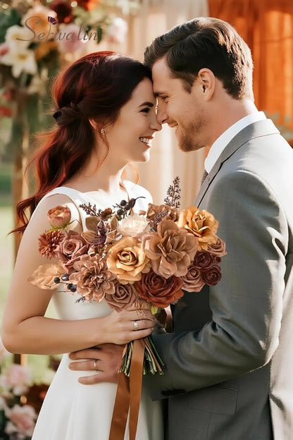 Serwalin Artificial Fall Flowers, Brown & Terracotta Silk Flowers with Stems, Fake Roses Flowers for Wedding Bouquets Bridal Baby Shower Party Craft Home Cake Decoration