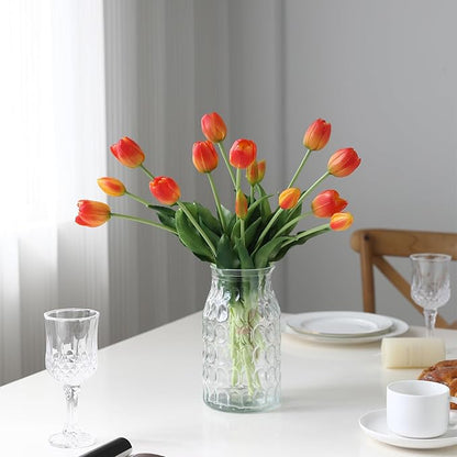 15 Pcs Orange Artificial Flowers Tulips Real Touch Latex Plastic Soft Faux Bouquets for Party, Wedding, Home, Room, Garden Decor