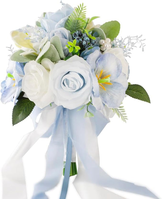 Dusty Blue & White Wedding Bouquets for Bride Bridesmaids, Bridal Bouquet for Wedding Silk Artificial Flowers