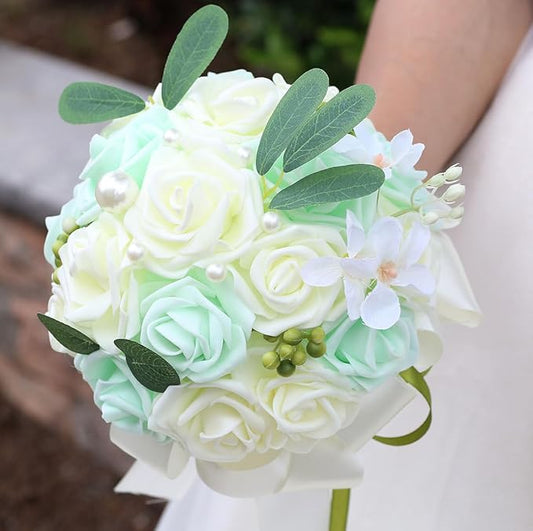 Lightweight Bridal Wedding Bouquet Round Holding Bouquet Throw Toss Artificial Rose Flower Bunch for Bride Bridesmaid Wedding Quinceanera (Cream & Light Cyan, 7.9")