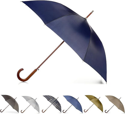 Totes Eco Auto Open Umbrella Classic Wooden J Stick Handle with Easy Grip - Windproof, Rainproof and Durable Canopy Design – Versatile Travel, Perfect for Rainy Days
