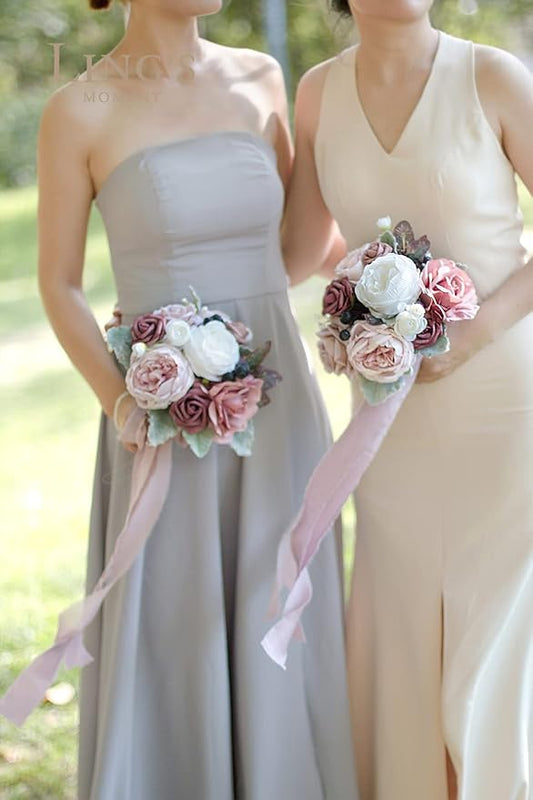 Ling's moment Artificial Flowers Pink Bridesmaid Bouquet Set of 4, Dusty Rose Wedding Flowers Bouquets for Bridesmaids, 7 Inch Bridal Bouquets for Bridesmaids, Wedding Decor, Ceremony, etc