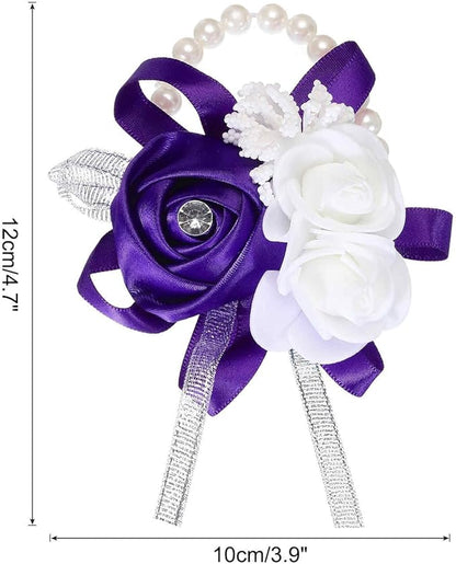 MECCANIXITY Wrist Corsage Artificial Flower Bracelets Rose Wrist Bride Groom Decorative for Wedding Ceremony Prom Party Anniversary Purple