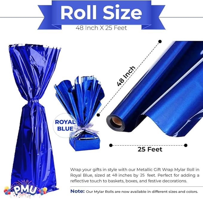 PMU Gift Wrap Mylar Roll Metallic Royal Blue 2-sided, 48 Inches X 25 Ft Roll 1.4 Mil Highly Reflective Mylar Film, Great for Gifts, Birthdays, Christmas, Baskets, Arts & Crafts