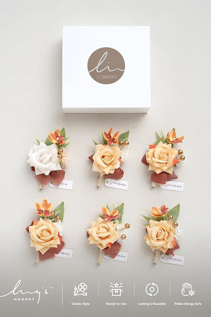 Ling's moment Boutonniere for Men, 6pcs Groom Groomsmen Boutonniere, Artificial Flowers for Wedding Decor/Prom/Homecoming, etc.Terracotta White