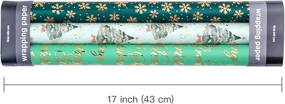 WRAPAHOLIC Christmas Wrapping Paper - 3 Rolls, 17 Inch X 120 Inch Each - Green Foil Christmas Tree, Snowflake Designs with Metallic Shine - Perfect for Christmas, Holiday