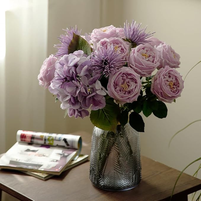 Fake Flowers for Decoration Home Decor Real Touch Artificial Flowers Austin Rose Peony Latex Fake Flower Living Room Decoration Vivid Pink Roses Peonies (Light Purple 4pcs)