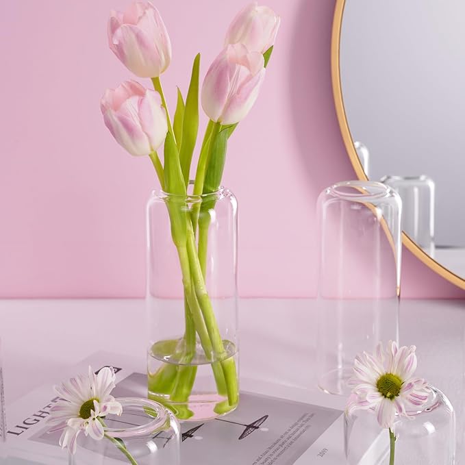 ZENS Bud Vases Set of 6, Modern Small Glasss Vase for Flower Clear Bud Vases in Bulk for Wedding Centerpiece, Blown Thicker Glass Small Vase for Flowers, Wedding Party Decorative, Home Bathroom Decor