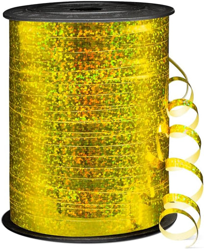 500 Yards Shiny Metallic Gold Curling Ribbon with Spool, 1/5" Holographic Curly Ribbons Perfect for Gift Wrapping, Florist Flowers, Birthday Party Decorations, and Balloon String